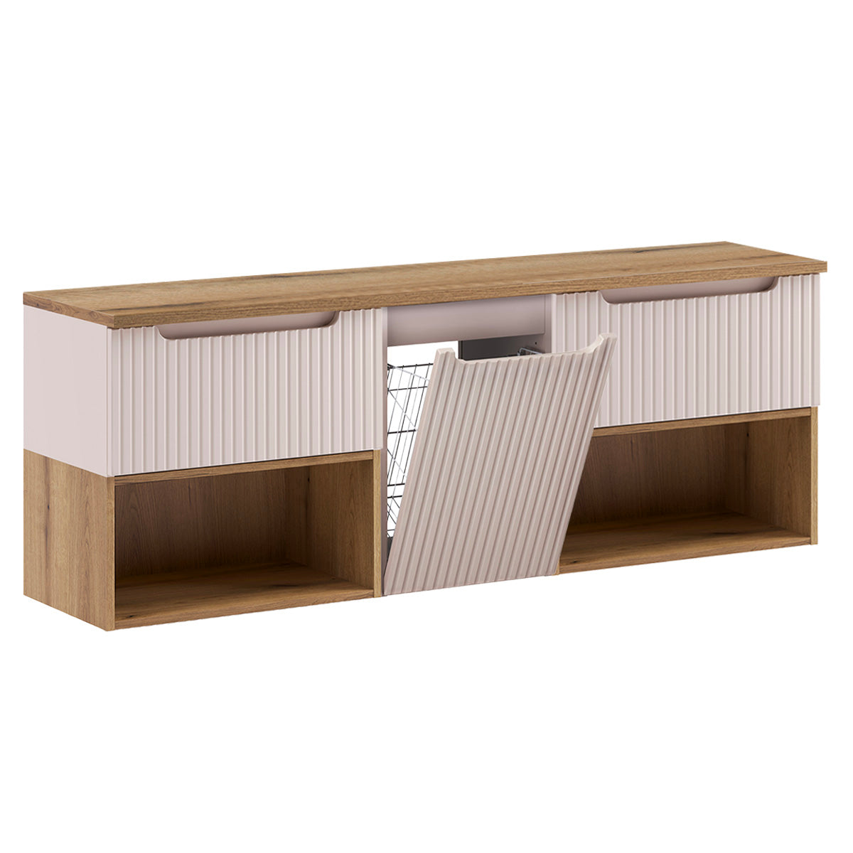 Ensemble meuble sous-vasque 160cm panier à linge niches et colonne Riva Cachemire et Bois - vue 3
