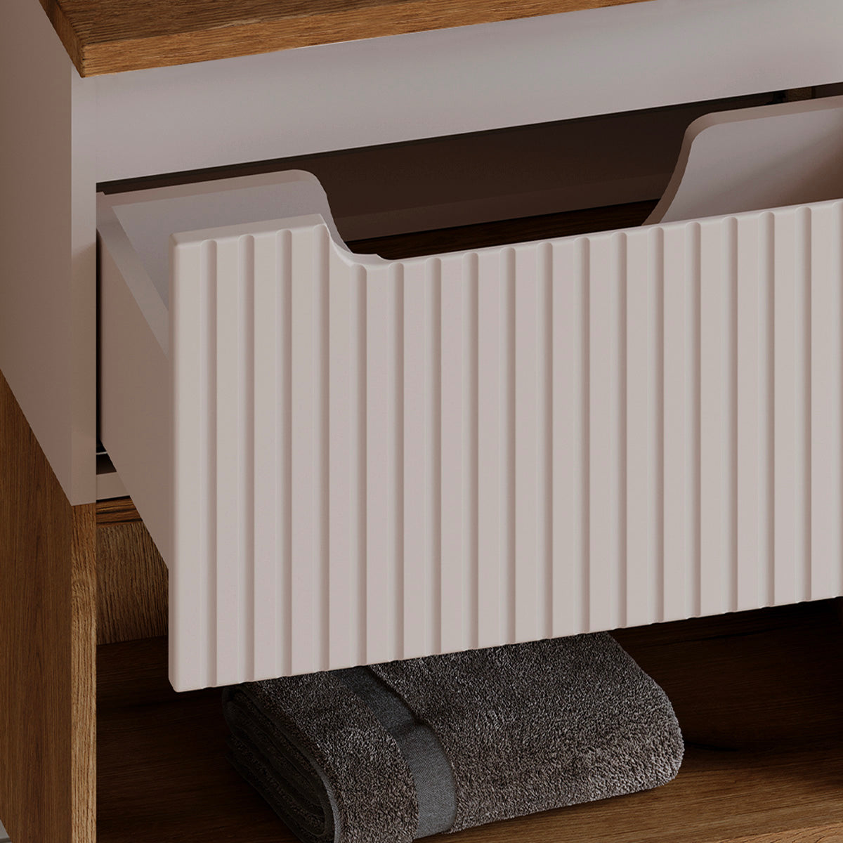 Ensemble meuble sous-vasque 160cm panier à linge niches et colonne Riva Cachemire et Bois - vue 12
