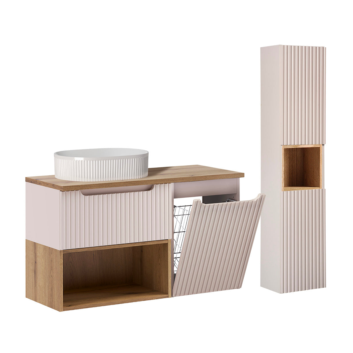 Ensemble meuble simple vasque 100cm panier à linge et colonne Riva Cachemire et Bois