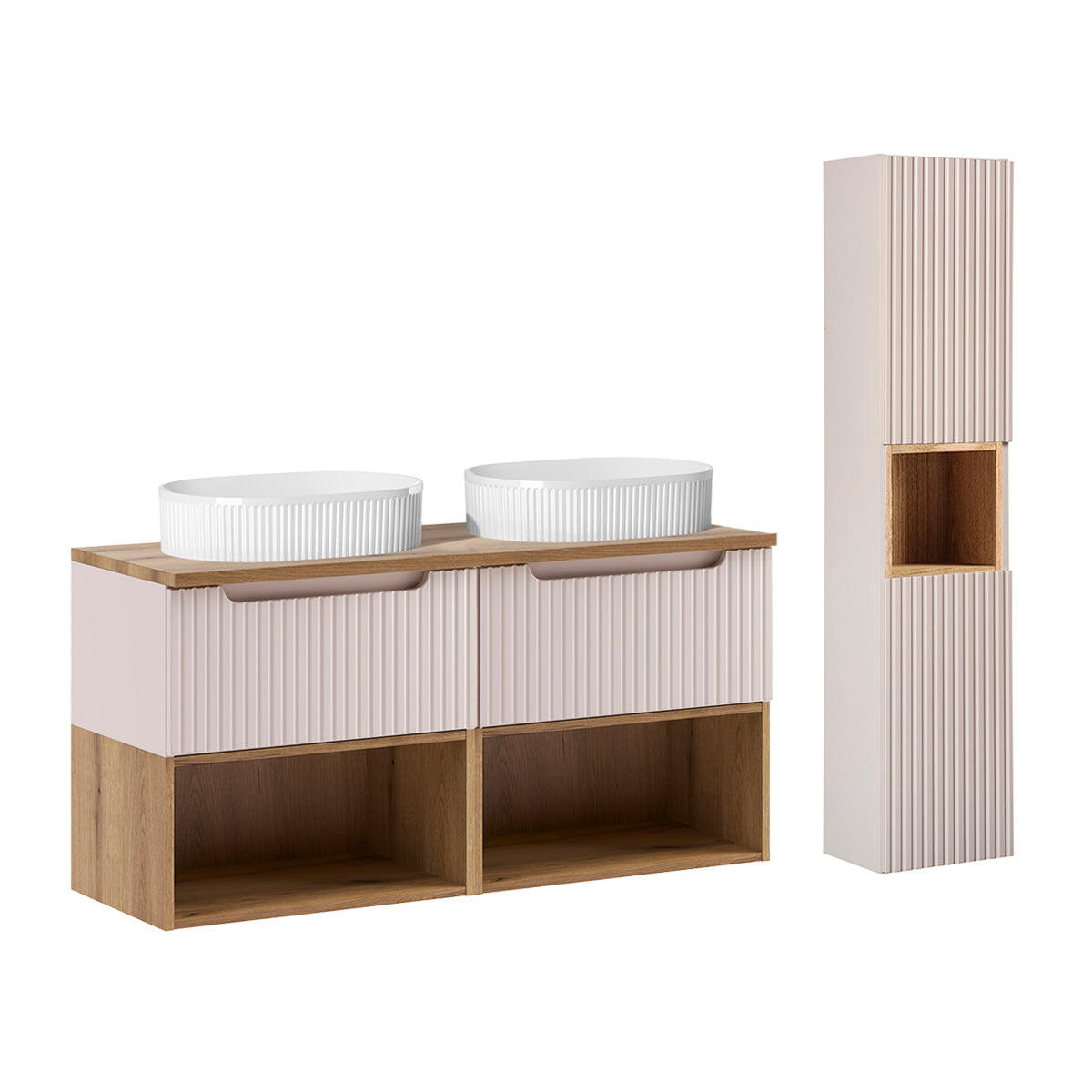 Ensemble meuble double vasque 120cm et colonne Riva Cachemire et Bois