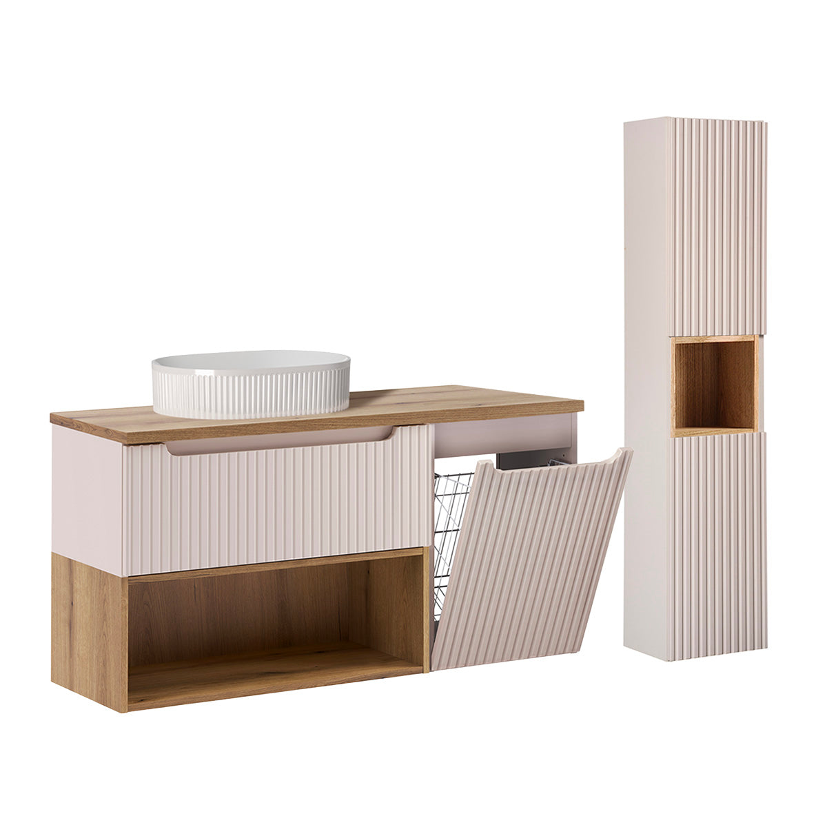 Ensemble meuble simple vasque 120cm panier à linge et colonne Riva Cachemire et Bois
