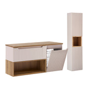 Ensemble meuble sous-vasque 120cm panier à linge et colonne Riva Cachemire et Bois
