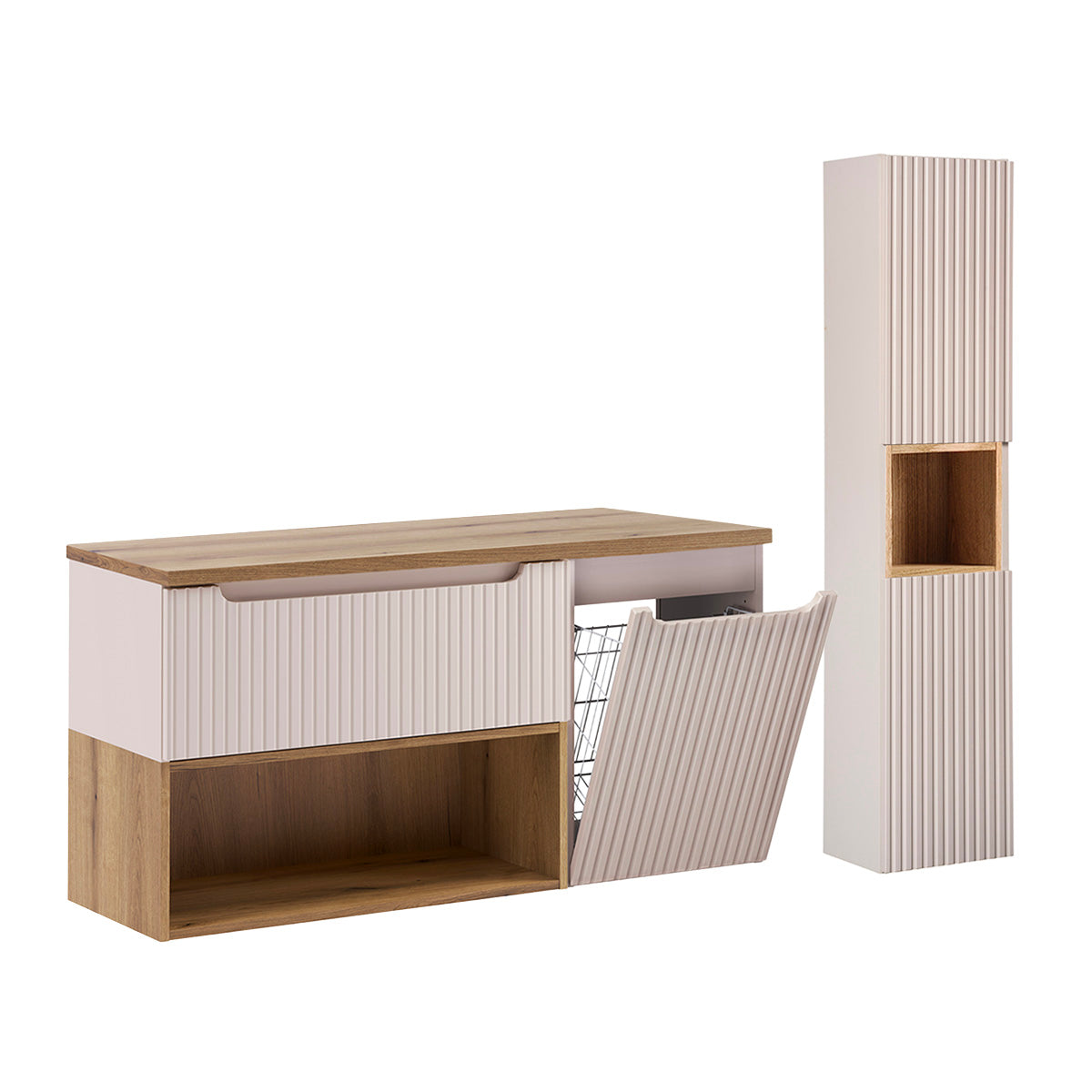 Ensemble meuble sous-vasque 120cm panier à linge et colonne Riva Cachemire et Bois