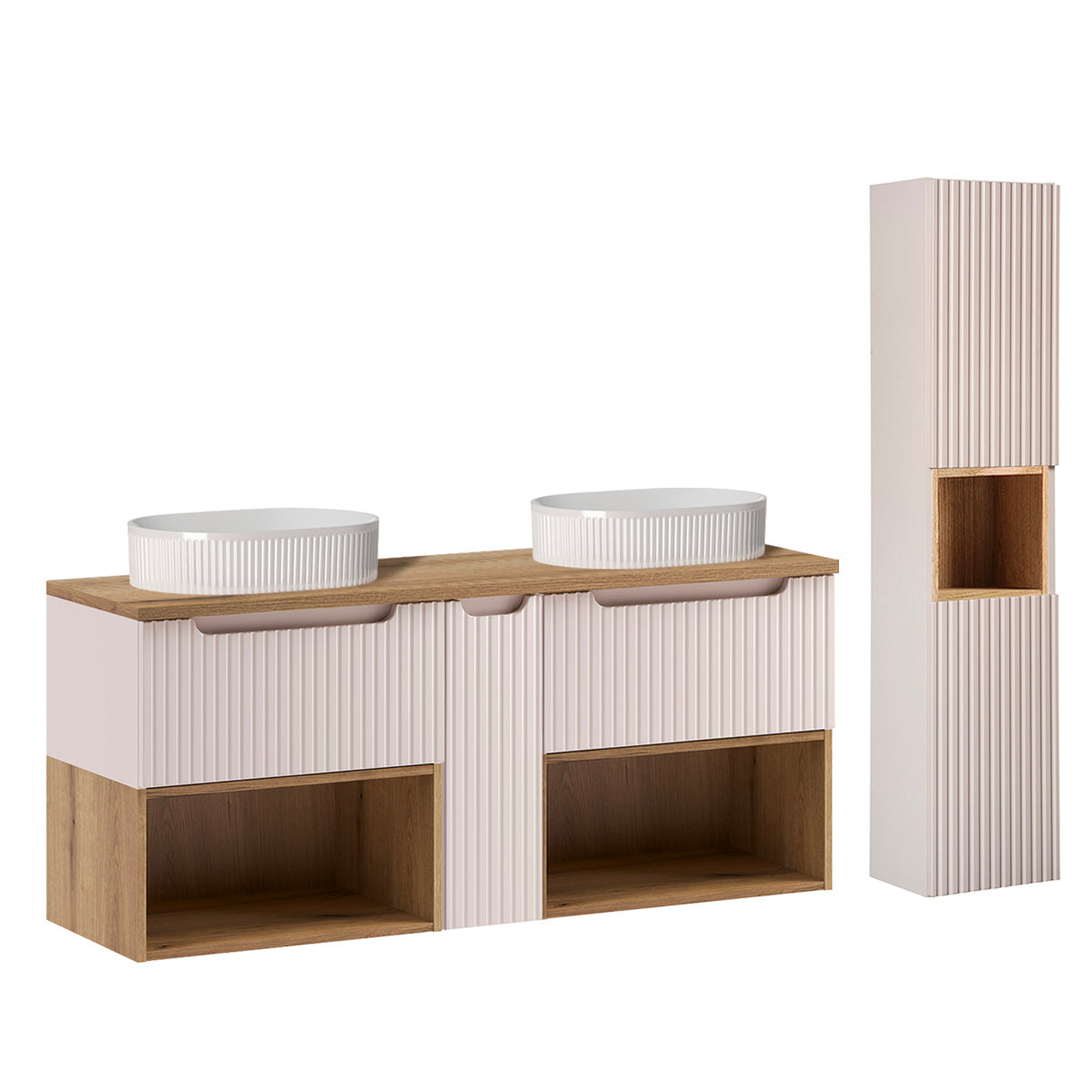Ensemble meuble double vasque 140cm et colonne Riva Cachemire et Bois - vue 2