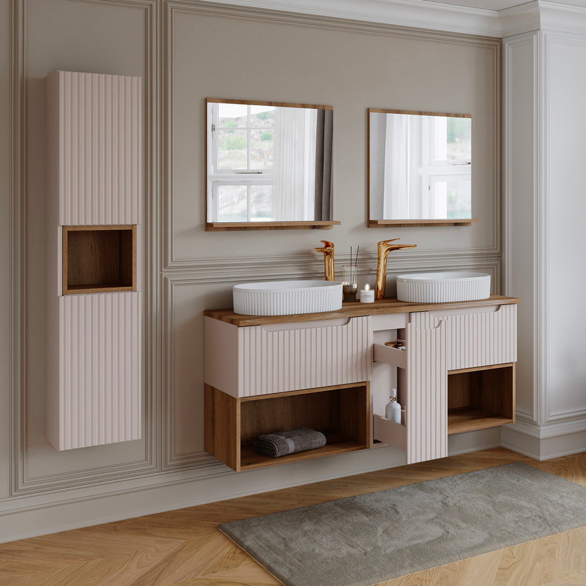 Ensemble meuble double vasque 140cm et colonne Riva Cachemire et Bois - vue 8