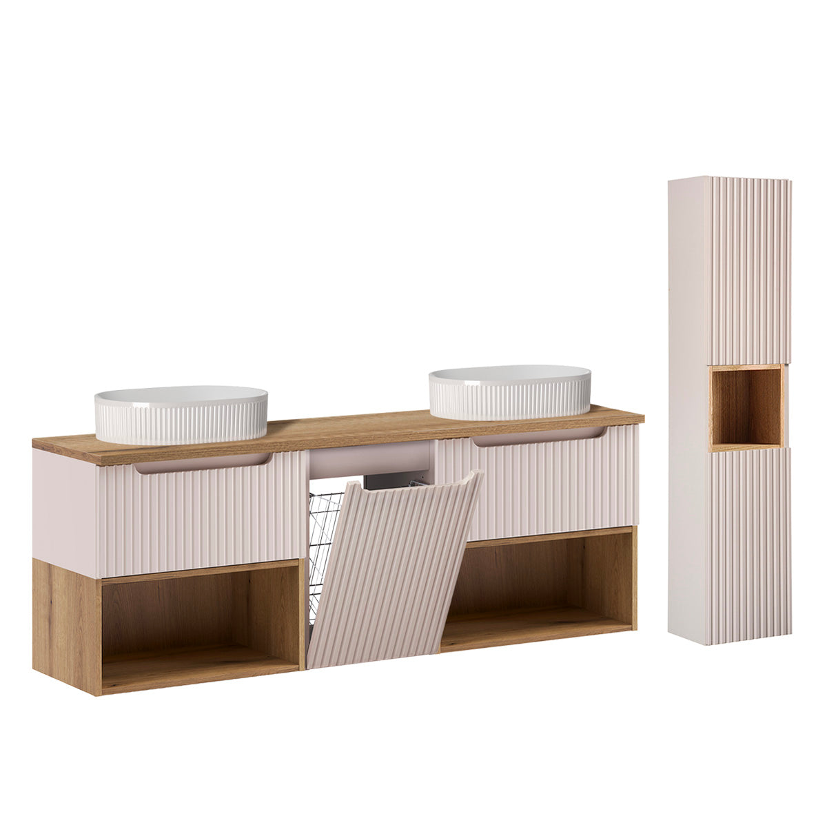 Ensemble meuble double vasque 160cm panier à linge niches et colonne Riva Cachemire et Bois