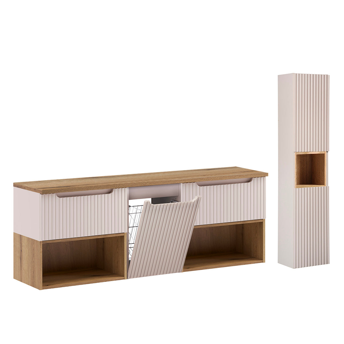 Ensemble meuble sous-vasque 160cm panier à linge niches et colonne Riva Cachemire et Bois
