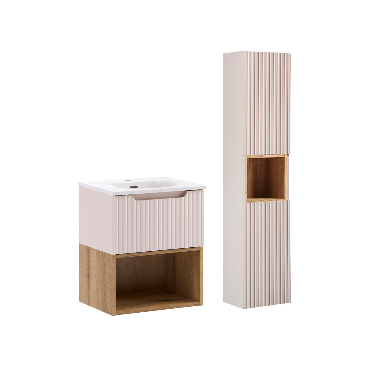 Ensemble meuble simple vasque encastrée 50cm et colonne Riva Cachemire et Bois