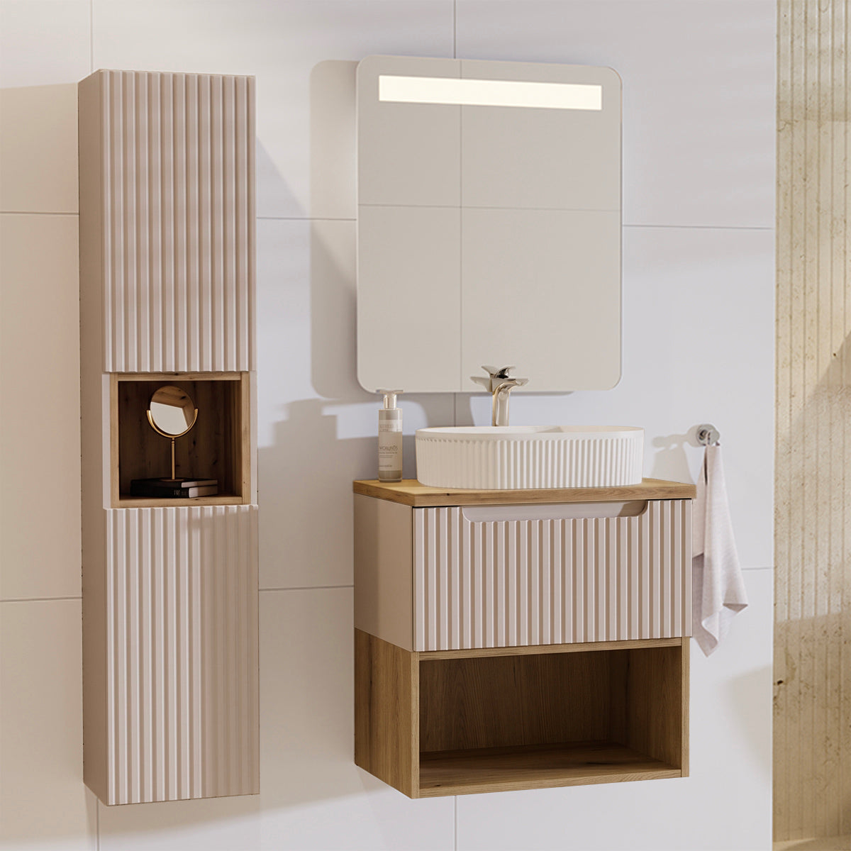 Ensemble meuble simple vasque 60cm et colonne Riva Cachemire et Bois