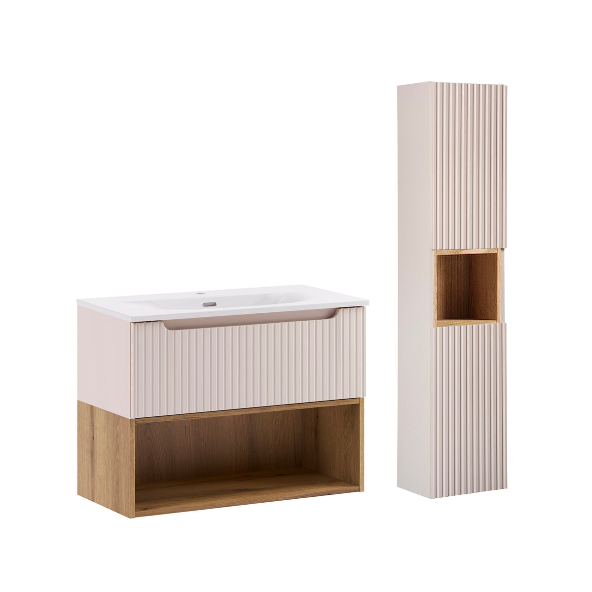 Ensemble meuble simple vasque encastrée 80cm et colonne Riva Cachemire et Bois