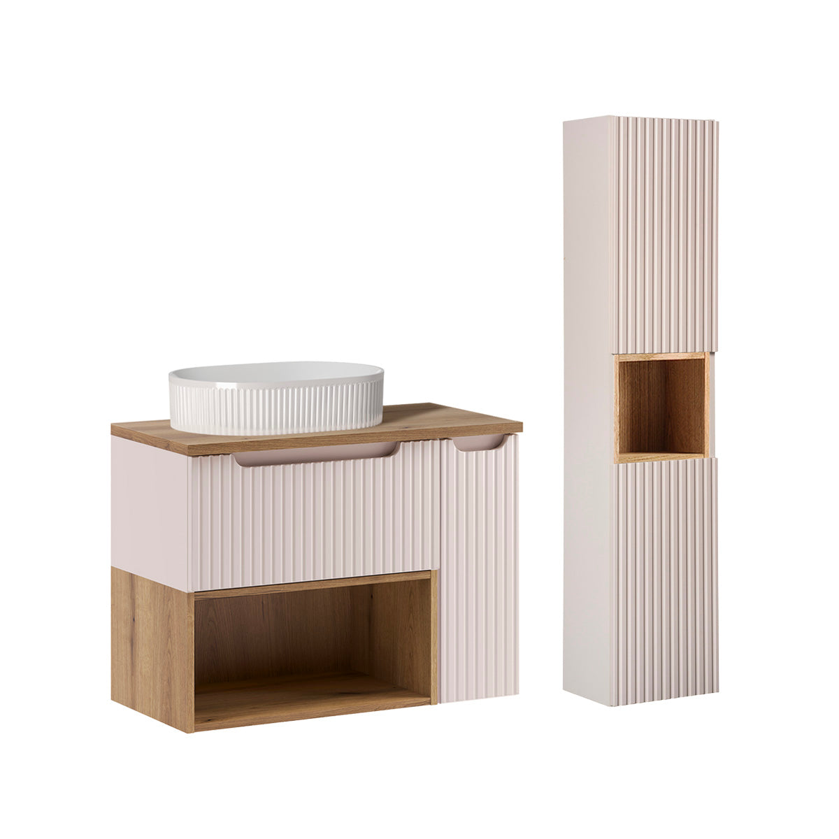 Ensemble meuble simple vasque 80cm niche et colonne Riva Cachemire et Bois