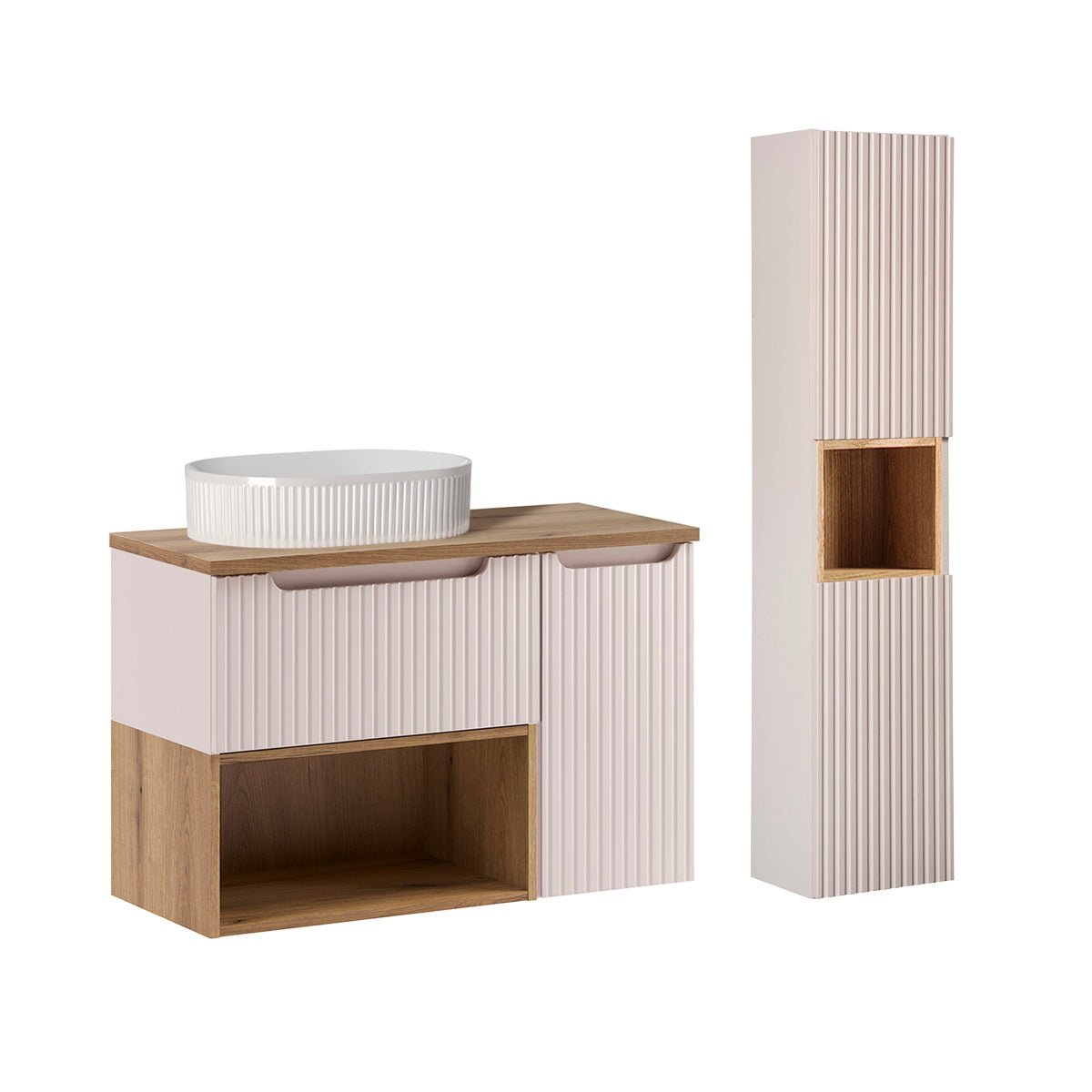 Ensemble meuble simple vasque 90cm et colonne Riva Cachemire et Bois