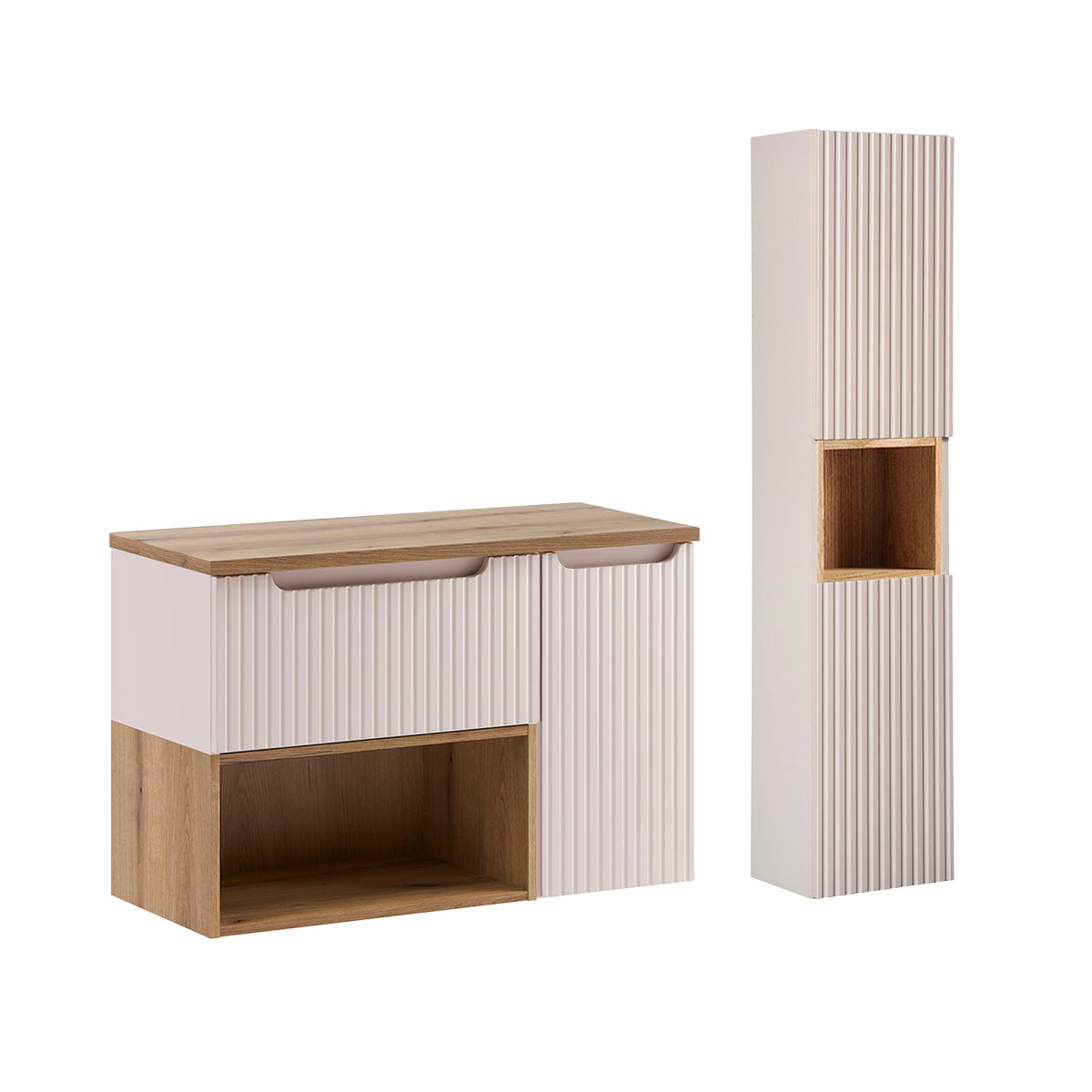 Ensemble meuble sous-vasque 90cm et colonne Riva Cachemire et Bois