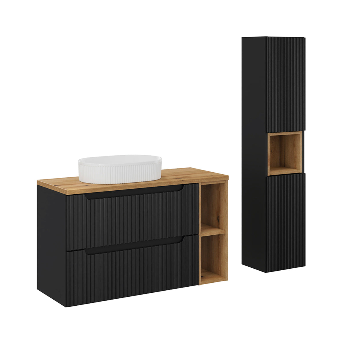 Ensemble meuble simple vasque 100cm 2 tiroirs 2 niches et colonne Riva Noir et Bois
