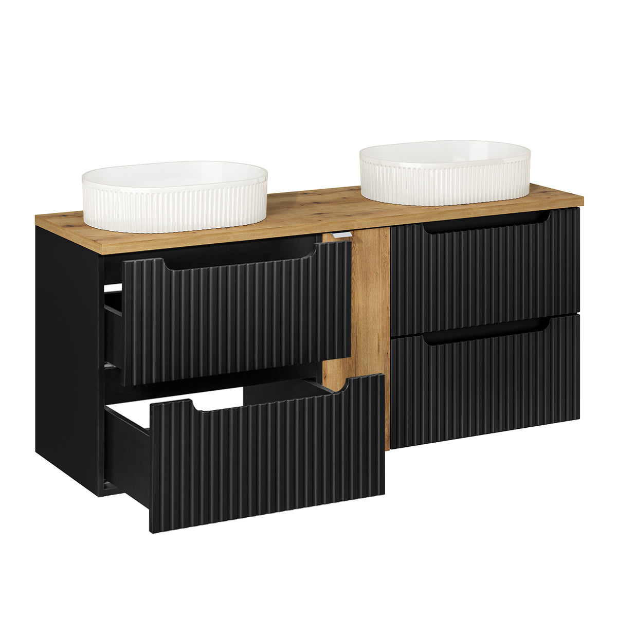 Ensemble meuble double vasque 140cm 4 tiroirs et colonne Riva Noir et Bois - vue 3