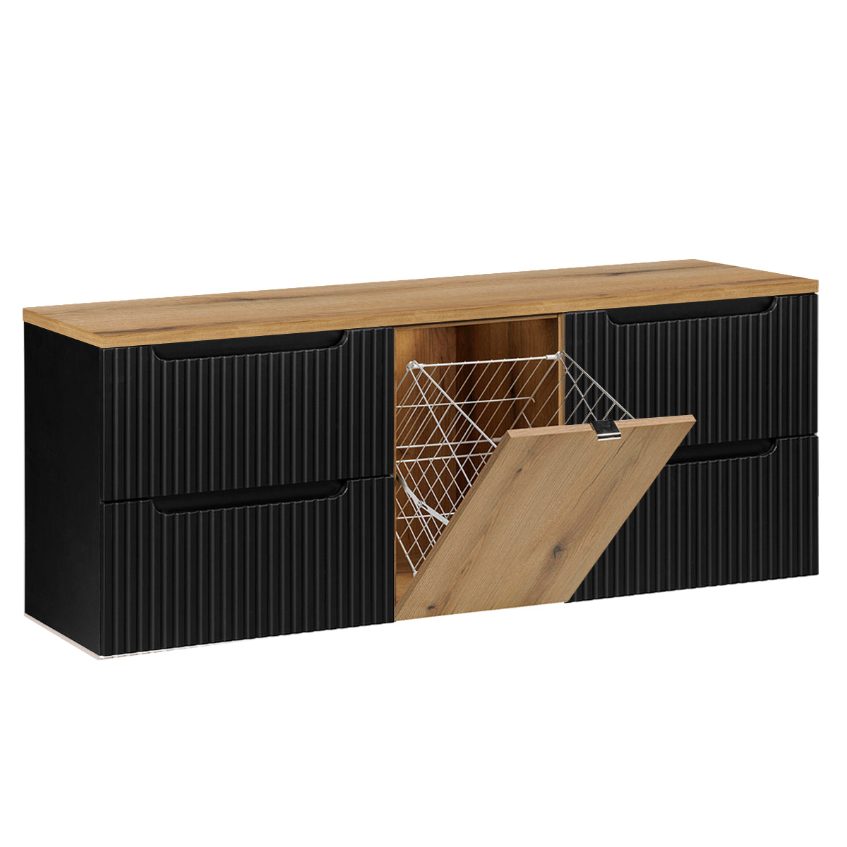 Meuble sous-vasque 160cm panier à linge Riva Noir et Bois