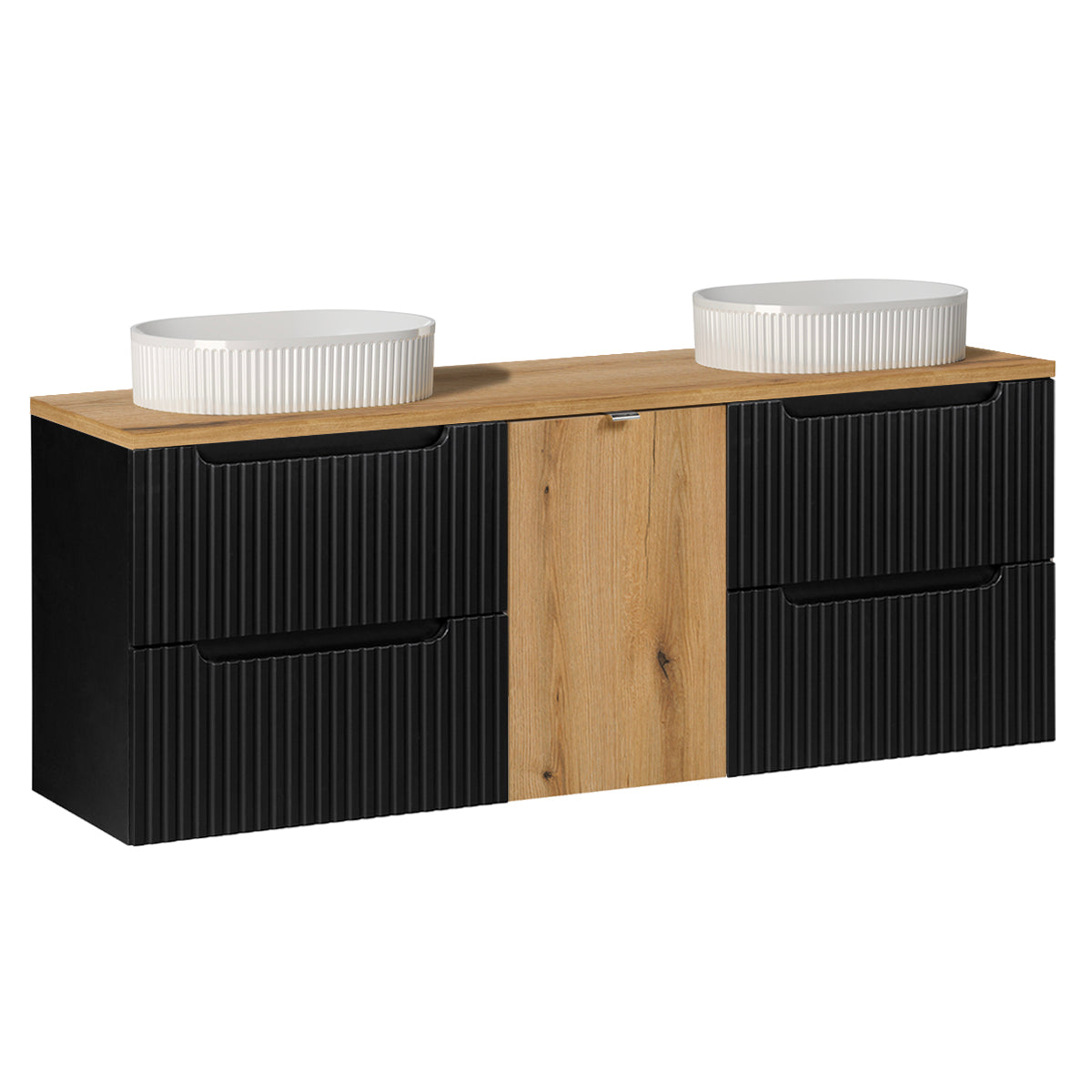 Meuble double vasque 160cm panier à linge Riva Noir et Bois - vue 2