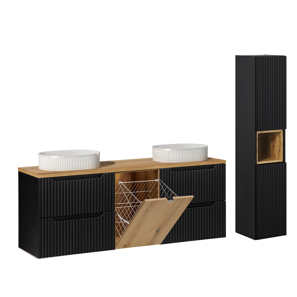 Ensemble meuble double vasque 160cm panier à linge et colonne Riva Noir et Bois