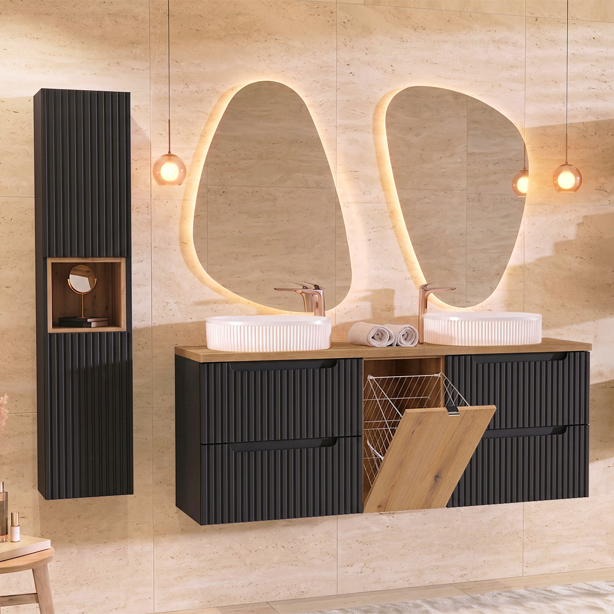 Ensemble meuble double vasque 160cm panier à linge et colonne Riva Noir et Bois