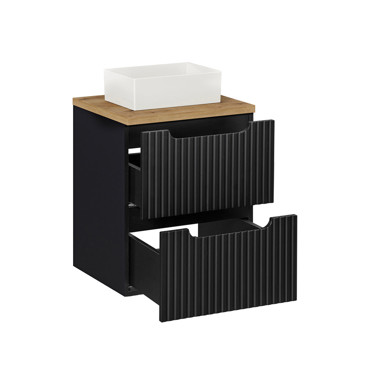 Meuble simple vasque 50cm 2 tiroirs Riva Noir et Bois - vue 2