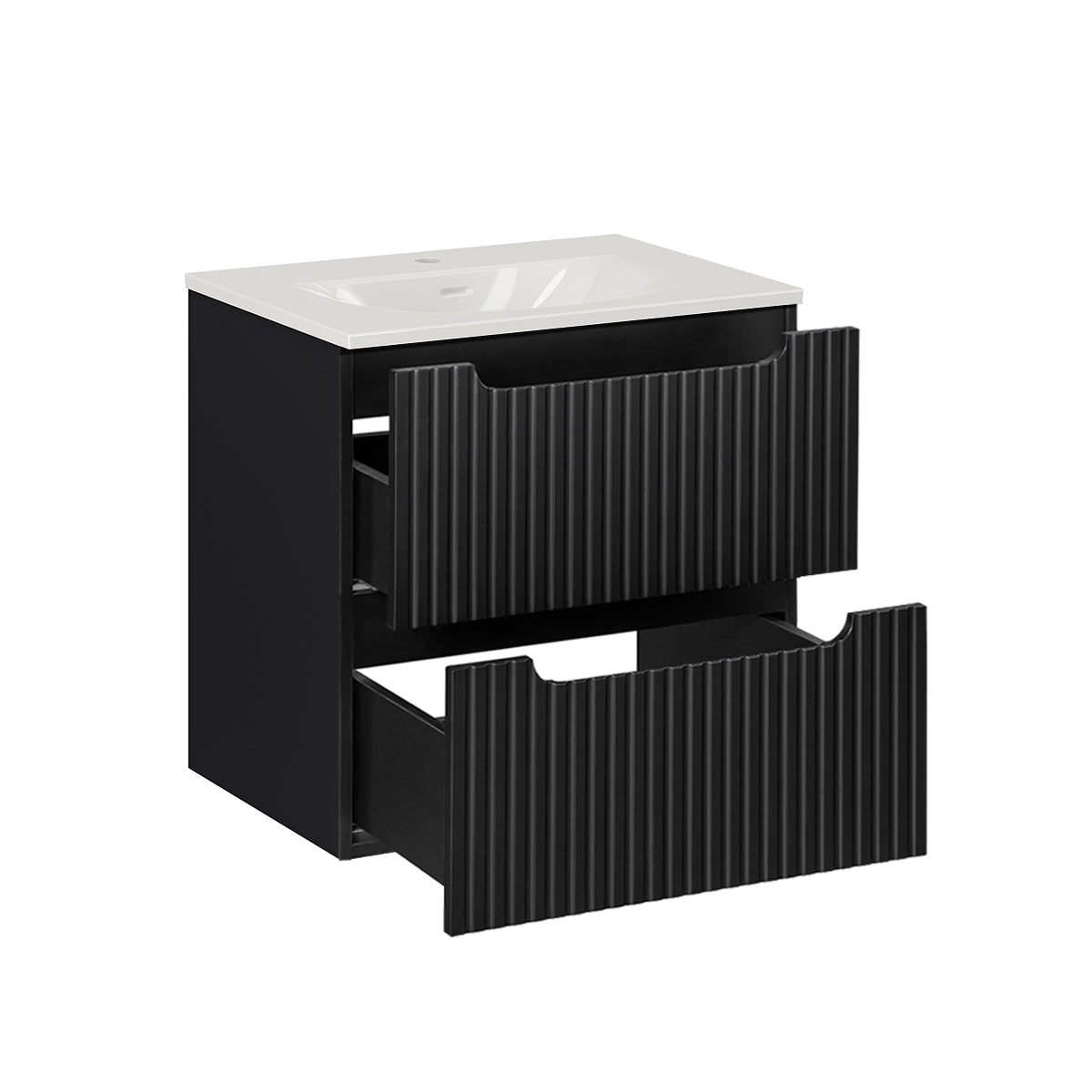 Ensemble meuble simple vasque encastrée 60cm 2 tiroirs et colonne Riva Noir et Bois - vue 4