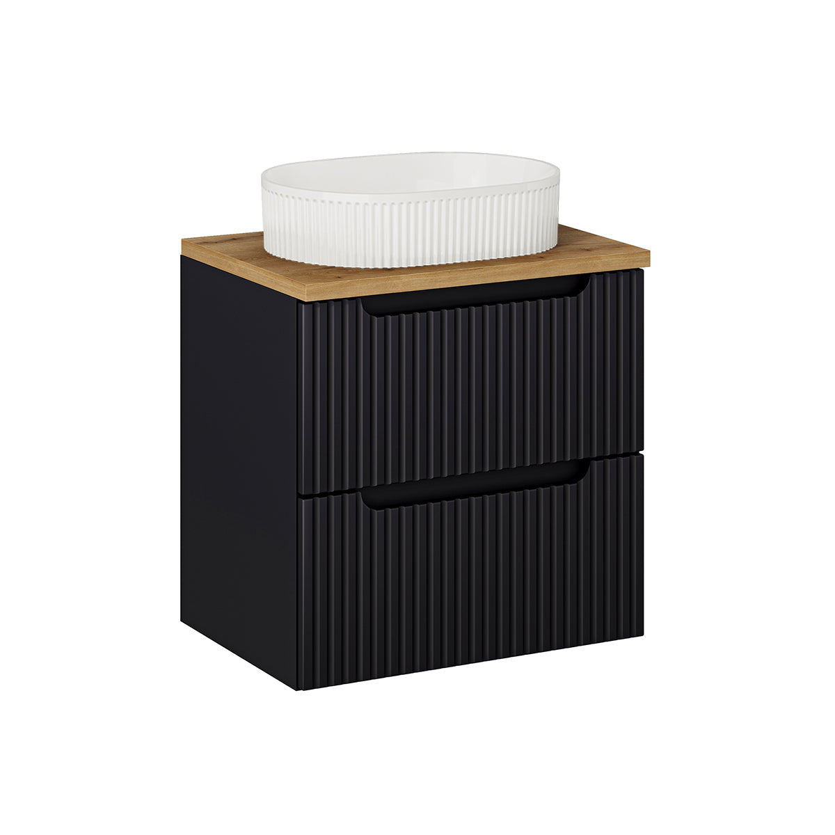 Ensemble meuble simple vasque 60cm 2 tiroirs et colonne Riva Noir et Bois - vue 2