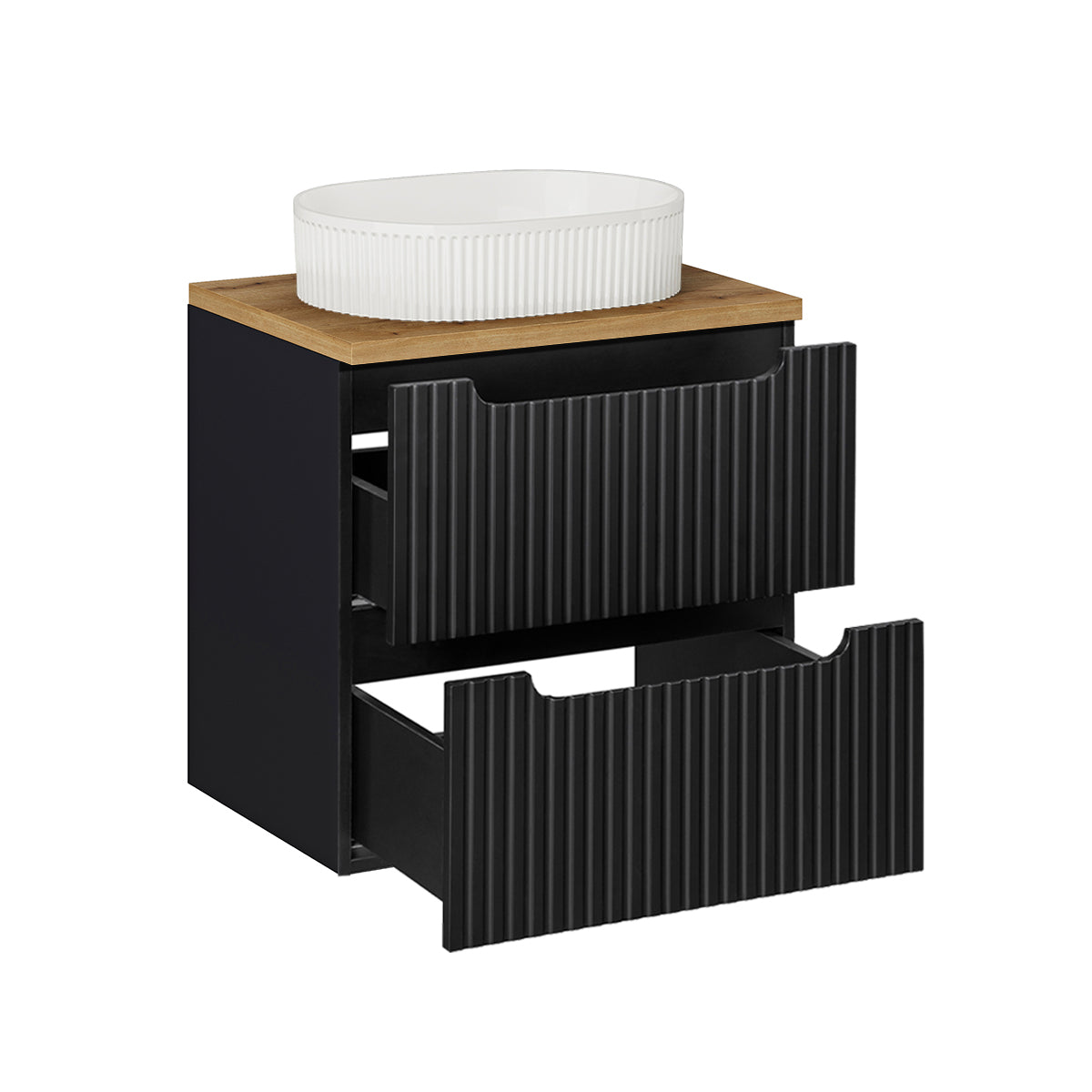 Meuble simple vasque 60cm 2 tiroirs Riva Noir et Bois - vue 2