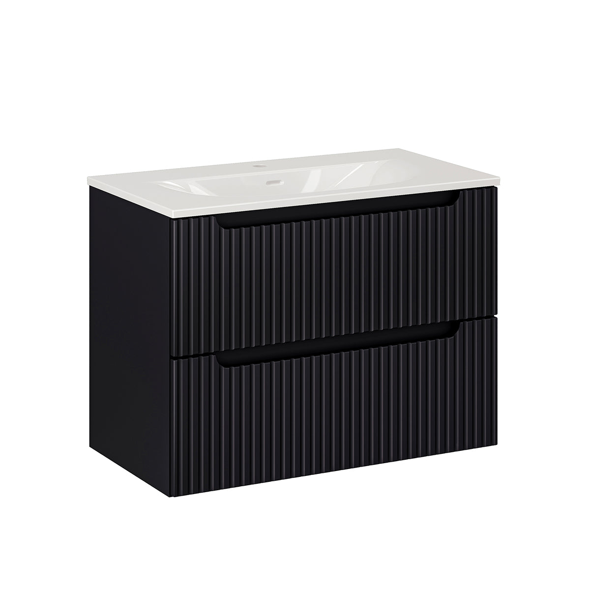 Ensemble meuble simple vasque encastrée 80cm 2 tiroirs et colonne Riva Noir et Bois - vue 2