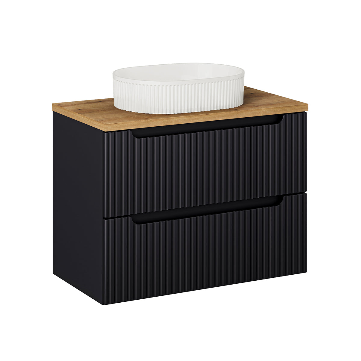 Ensemble meuble simple vasque 80cm 2 tiroirs et colonne Riva Noir et Bois - vue 2