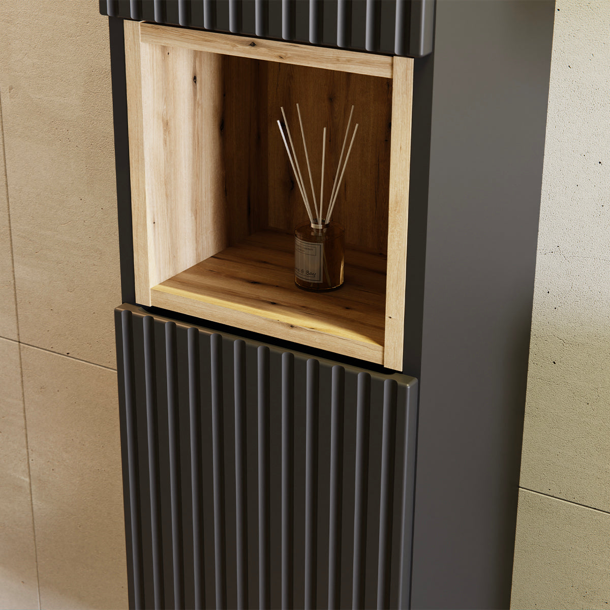 Ensemble meuble double vasque 160cm panier à linge et colonne Riva Noir et Bois - vue 7