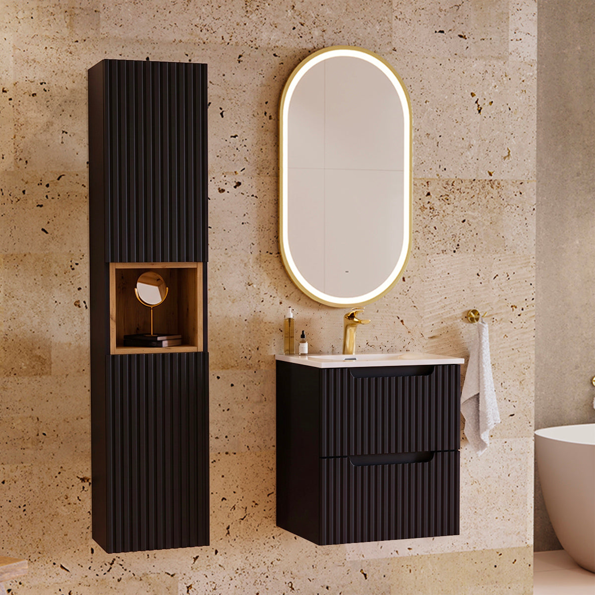 Ensemble meuble simple vasque encastrée 50cm 2 tiroirs et colonne Riva Noir et Bois