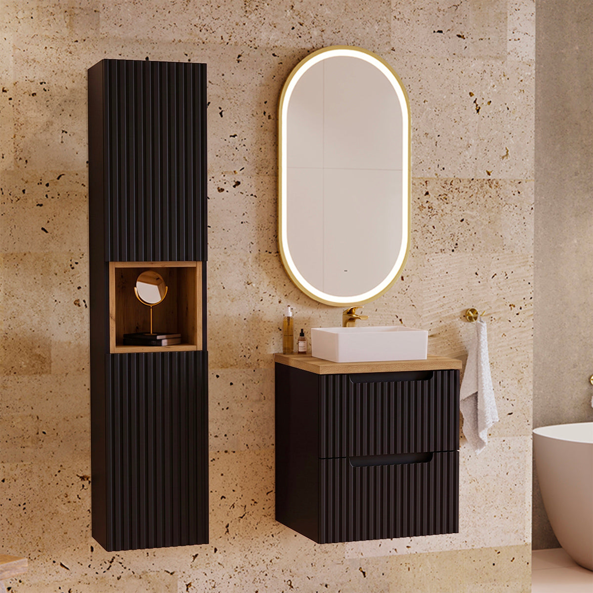 Ensemble meuble simple vasque 50cm 2 tiroirs et colonne Riva Noir et Bois