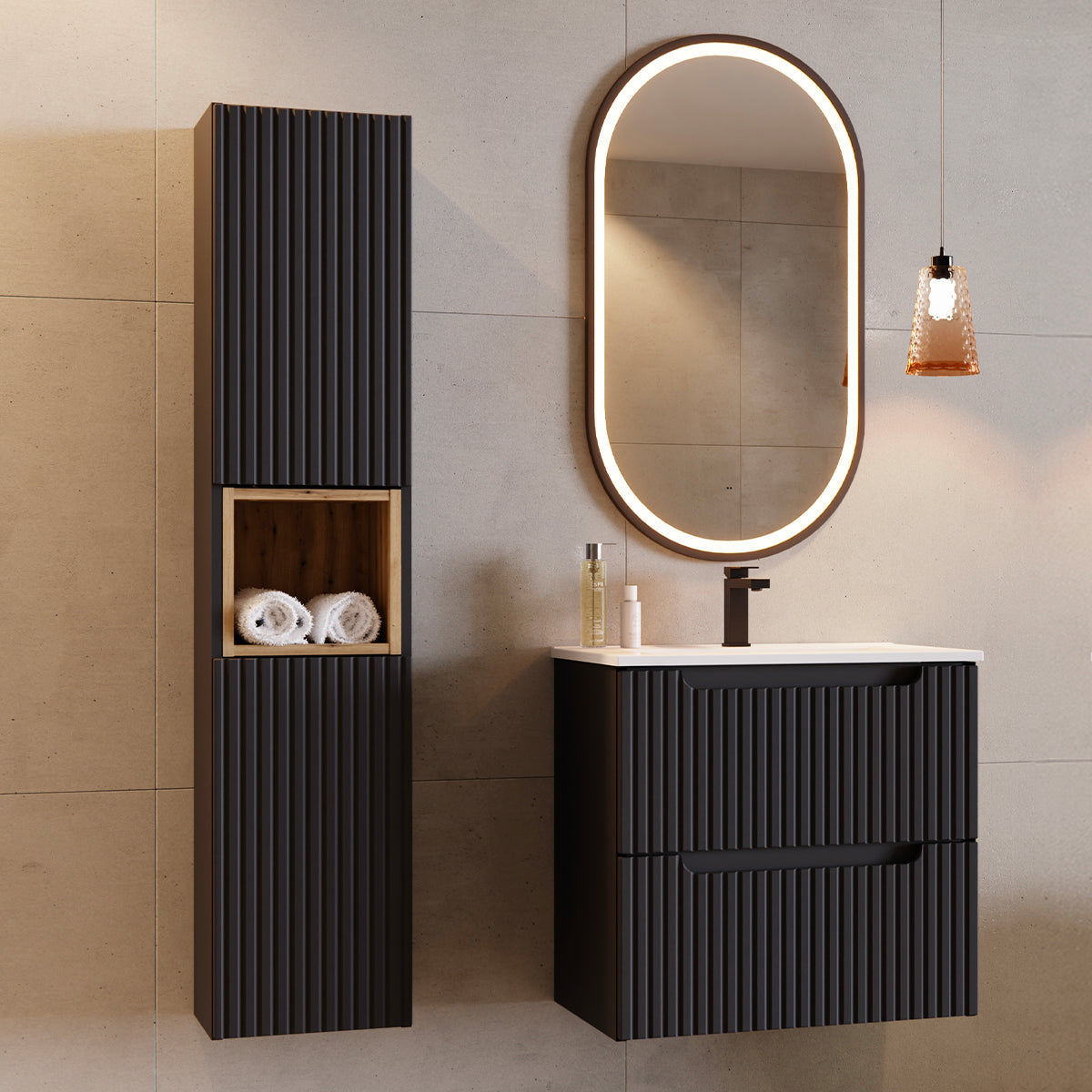 Ensemble meuble simple vasque encastrée 60cm 2 tiroirs et colonne Riva Noir et Bois