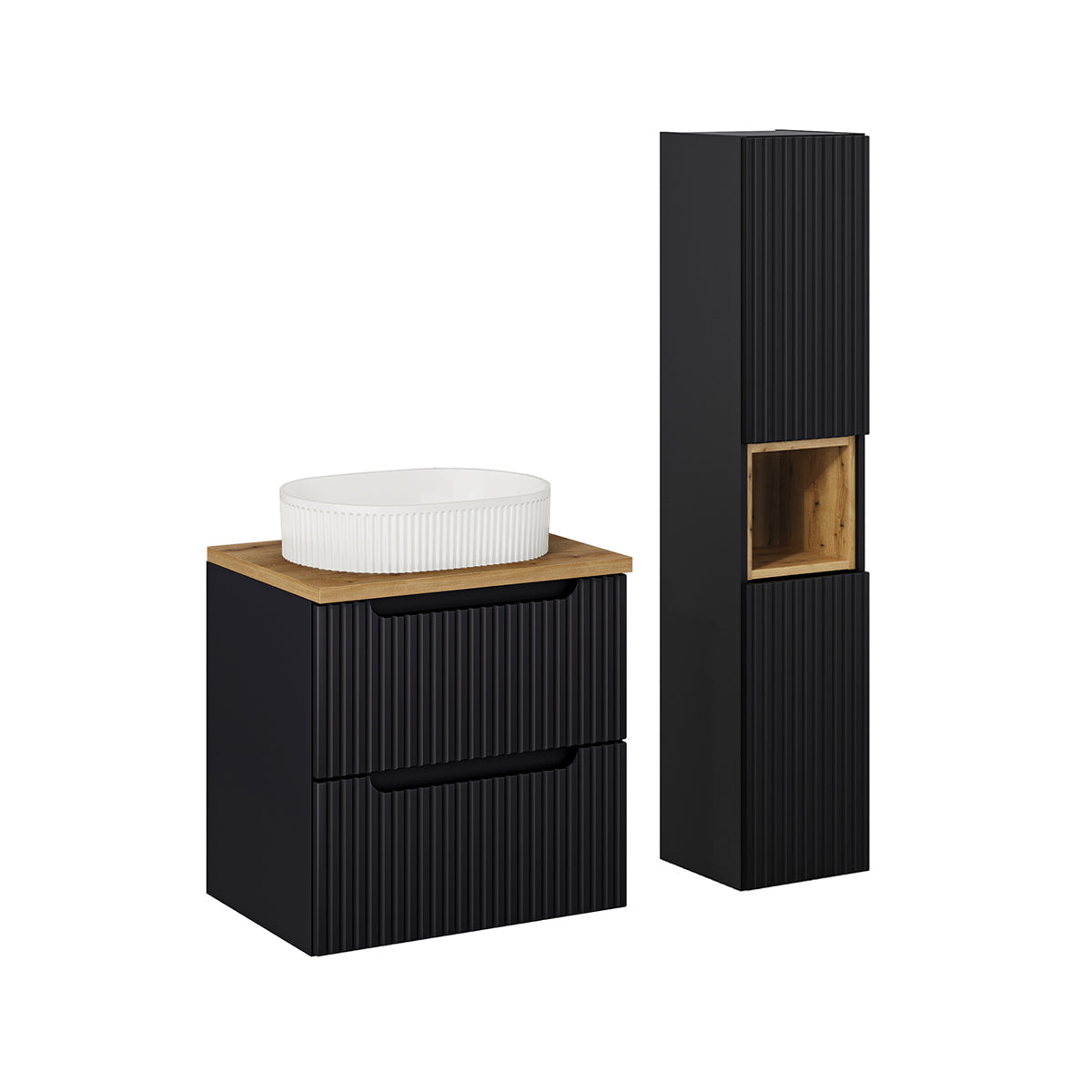 Ensemble meuble simple vasque 60cm 2 tiroirs et colonne Riva Noir et Bois