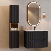 Ensemble meuble simple vasque encastrée 80cm 2 tiroirs et colonne Riva Noir et Bois