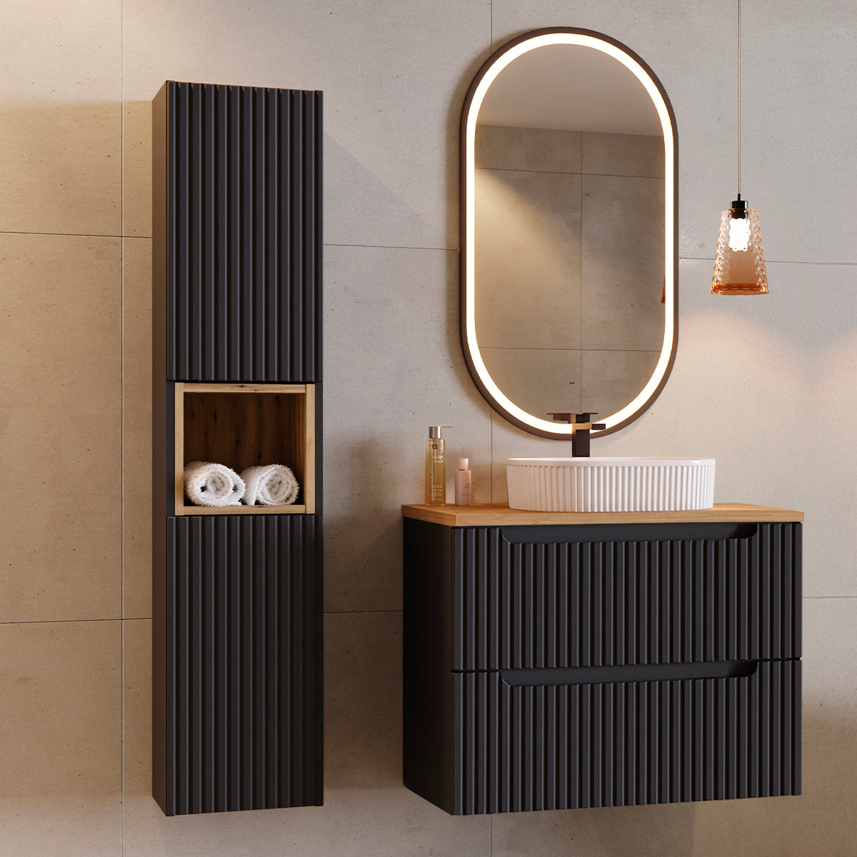 Ensemble meuble simple vasque 80cm 2 tiroirs et colonne Riva Noir et Bois