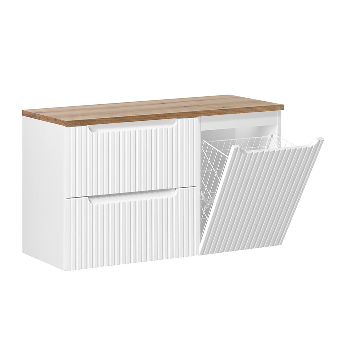 Meuble sous-vasque 100cm panier à linge 2 tiroirs Riva Blanc et Bois