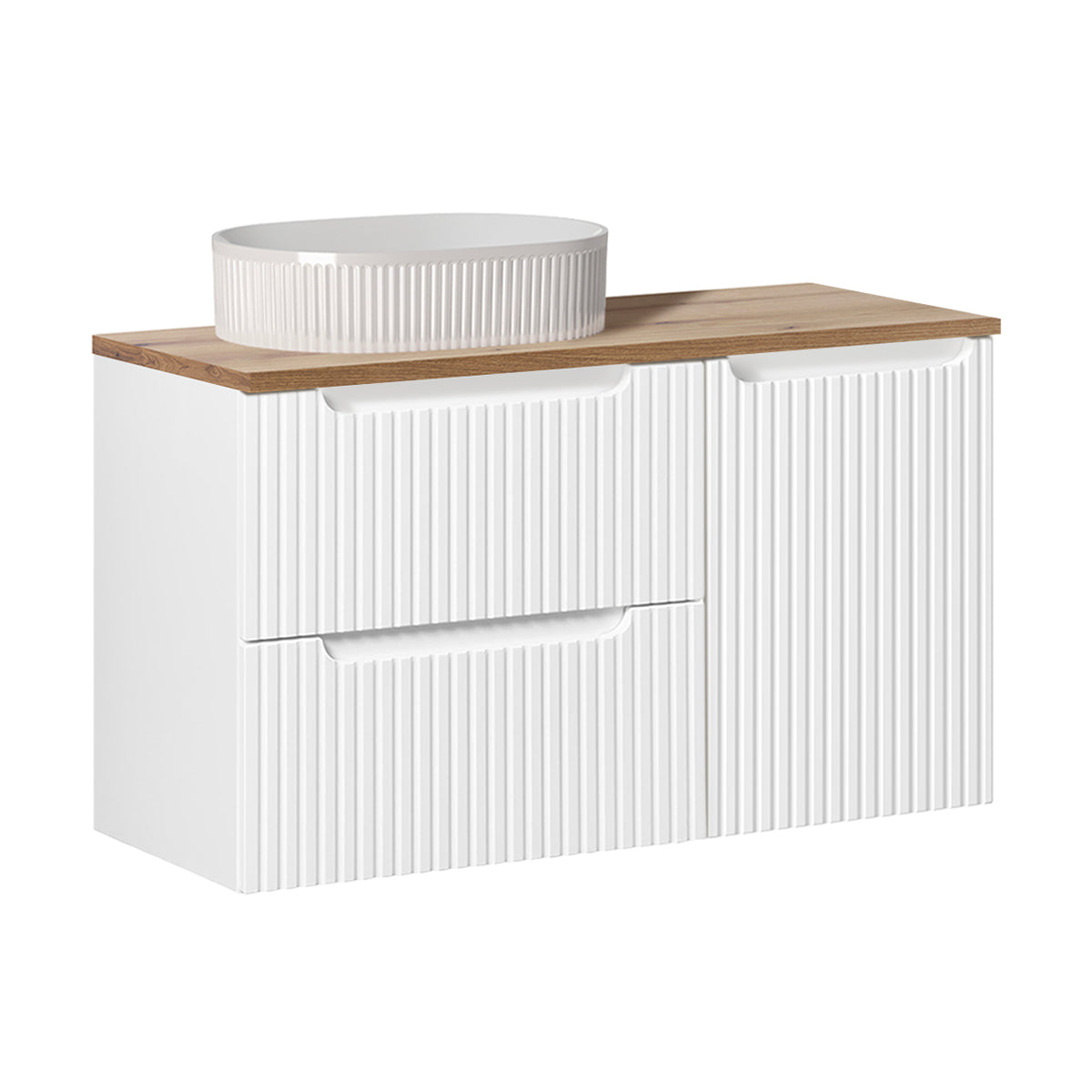 Ensemble meuble simple vasque 100cm panier à linge 2 tiroirs et colonne Riva Blanc et Bois - vue 2