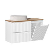 Ensemble meuble simple vasque 100cm panier à linge 2 tiroirs et colonne Riva Blanc et Bois - vue 3