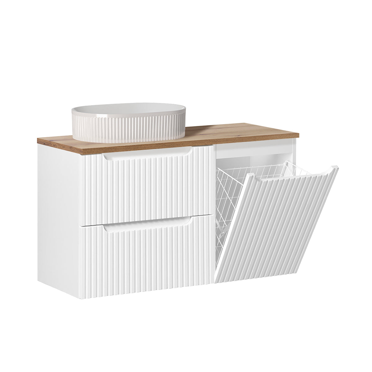 Ensemble meuble simple vasque 100cm panier à linge 2 tiroirs et colonne Riva Blanc et Bois - vue 3