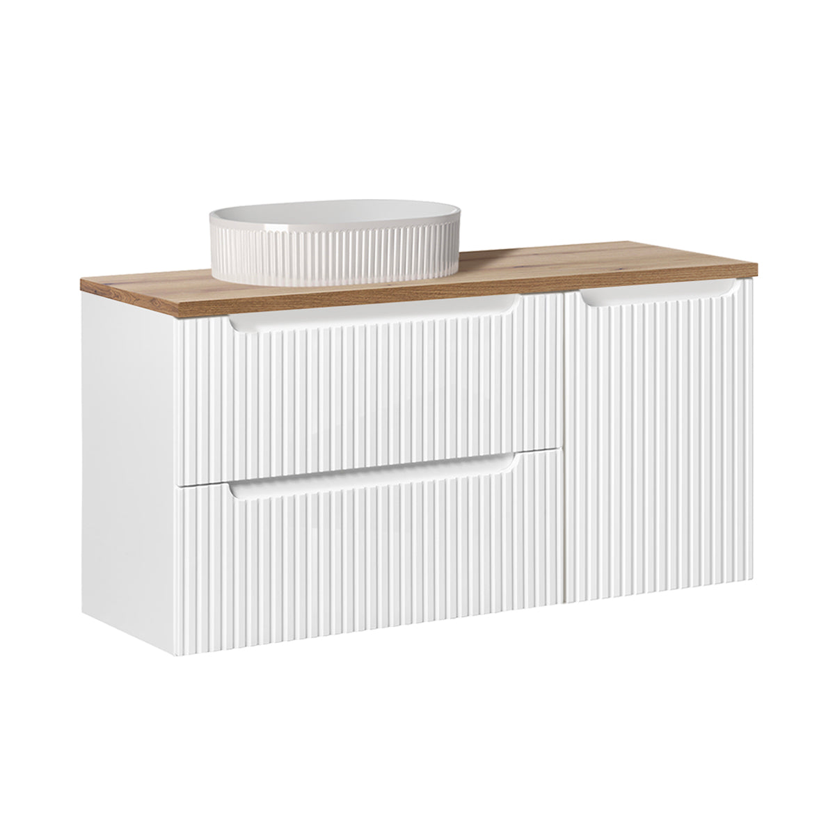 Ensemble meuble simple vasque 120cm panier à linge 2 tiroirs et colonne Riva Blanc et Bois - vue 2