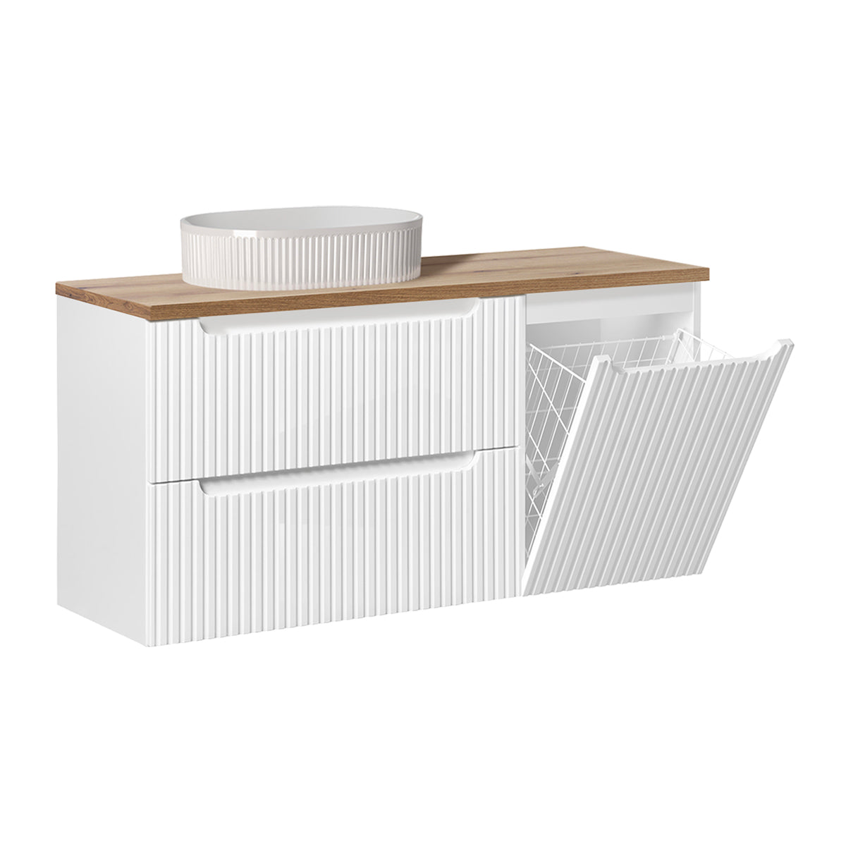 Ensemble meuble simple vasque 120cm panier à linge 2 tiroirs et colonne Riva Blanc et Bois - vue 3