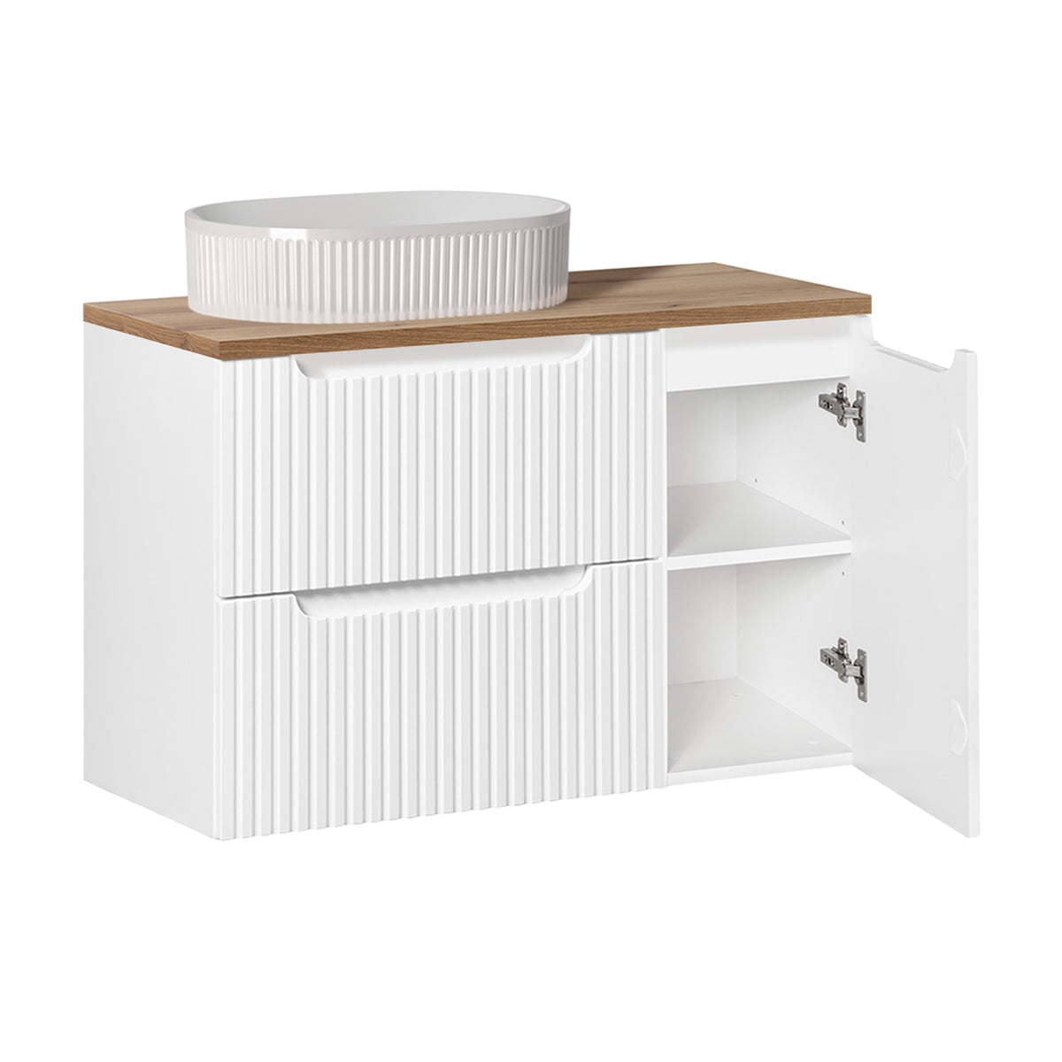Ensemble meuble simple vasque 90cm 2 tiroirs 1 porte et colonne Riva Blanc et Bois - vue 2
