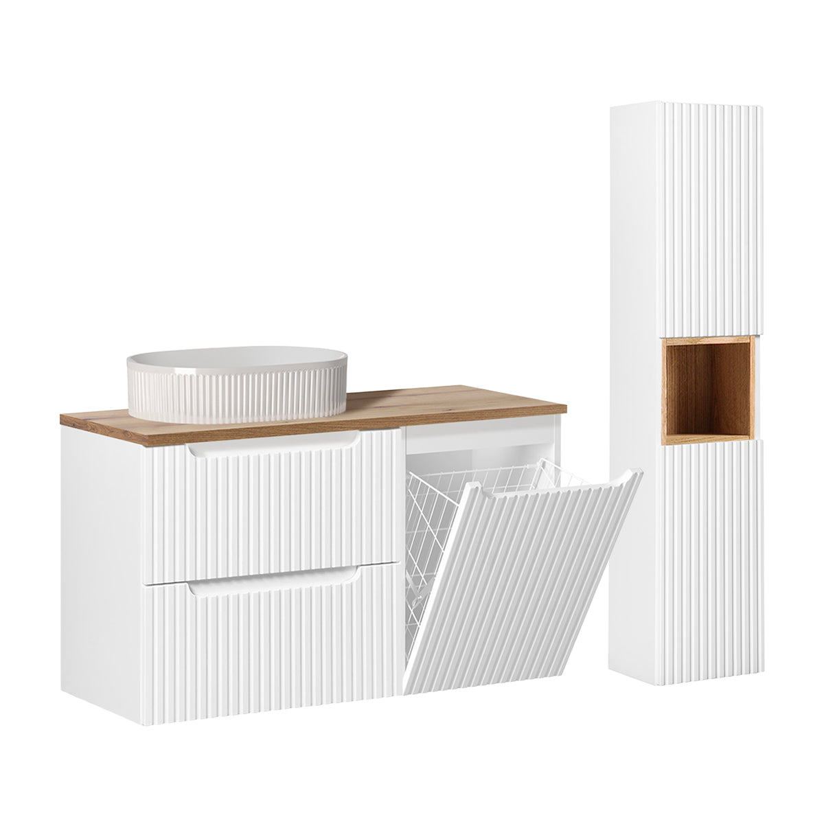 Ensemble meuble simple vasque 100cm panier à linge 2 tiroirs et colonne Riva Blanc et Bois