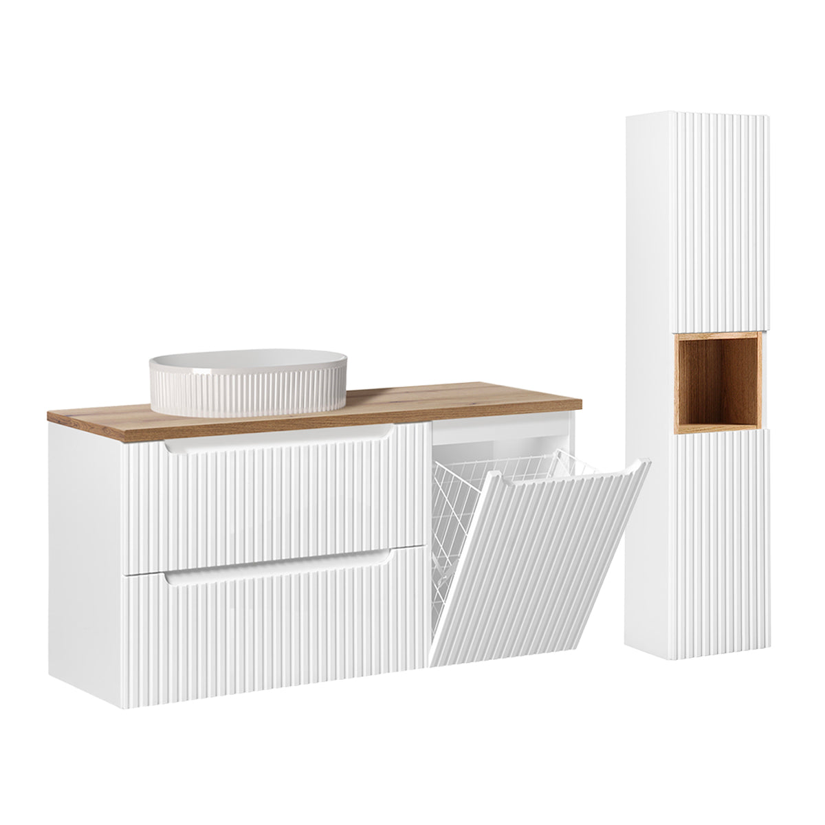 Ensemble meuble simple vasque 120cm panier à linge 2 tiroirs et colonne Riva Blanc et Bois