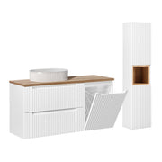 Ensemble meuble simple vasque 120cm panier à linge 2 tiroirs et colonne Riva Blanc et Bois