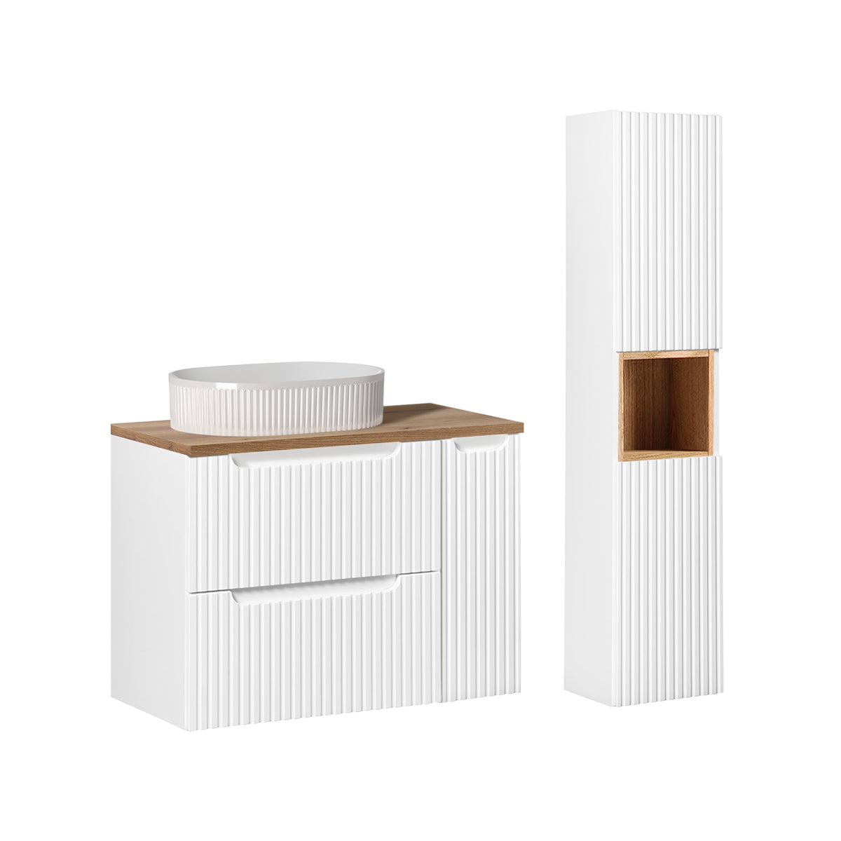 Ensemble meuble simple vasque 80cm 2 tiroirs 1 porte et colonne Riva Blanc et Bois