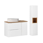 Ensemble meuble simple vasque 90cm 2 tiroirs 1 porte et colonne Riva Blanc et Bois