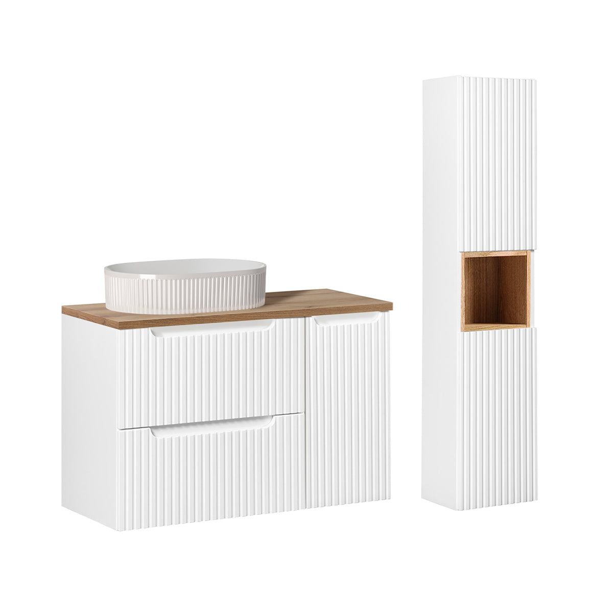 Ensemble meuble simple vasque 90cm 2 tiroirs 1 porte et colonne Riva Blanc et Bois