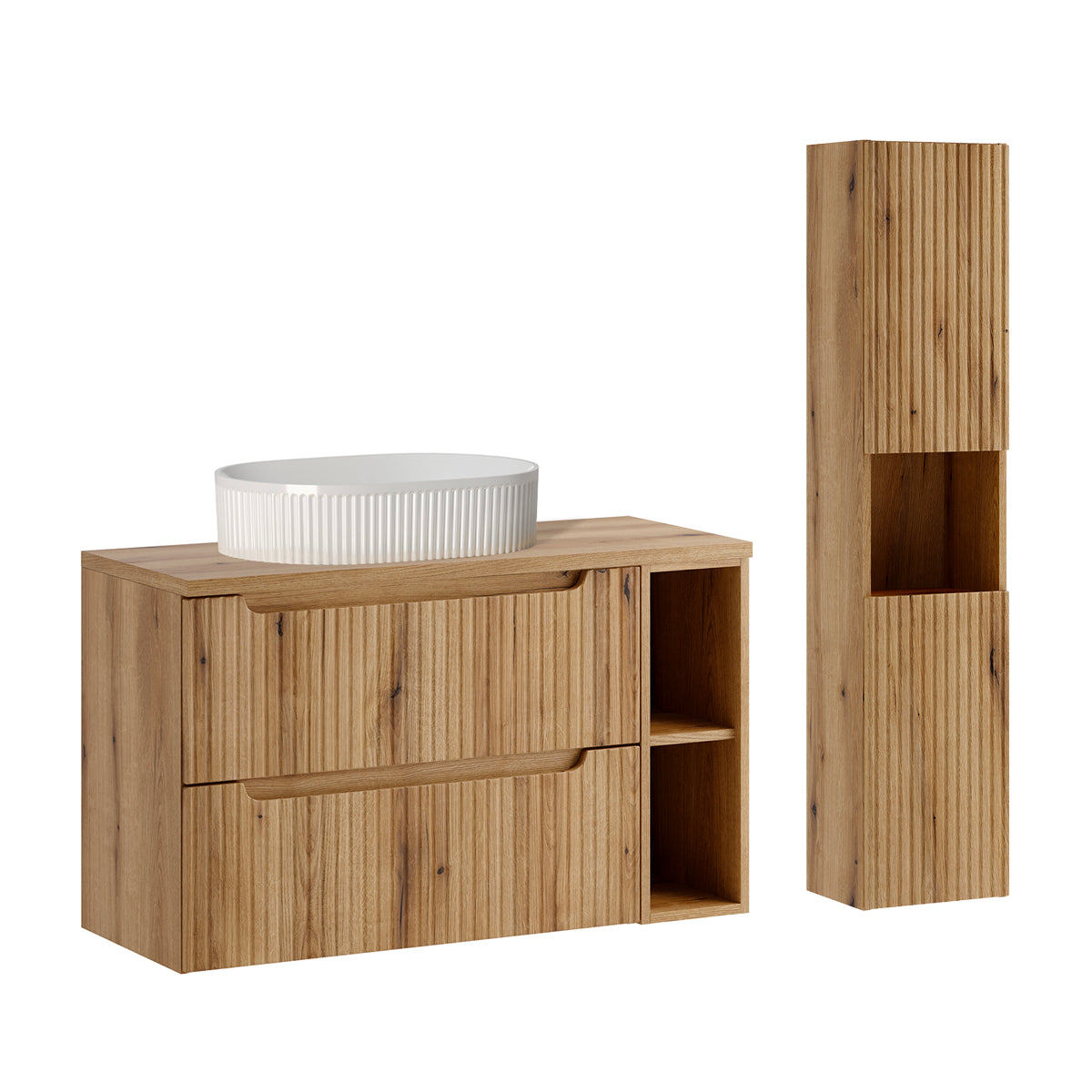 Ensemble meuble simple vasque 100cm 2 tiroirs 2 niches et colonne Riva Bois